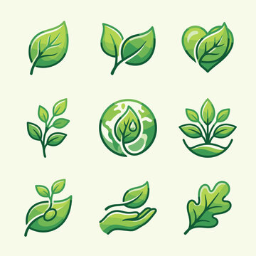 Collection of green leaf icons and eco-friendly symbols for environmental design.