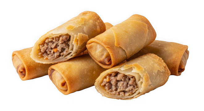 A pile of crispy fried meat egg rolls on a table isolated on transparent background
