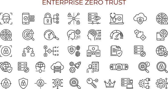 Modern enterprise zero trust security icon set with outline style for cybersecurity monitoring and authentication interfaces