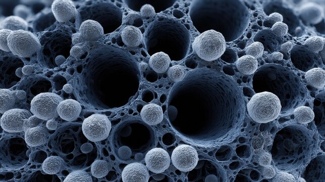 Porous carbon nanospheres under electron microscopy dense network of hollow and solid spherical particles forming hierarchical porous microstructure cool blue monochrome toning high contrast detailed