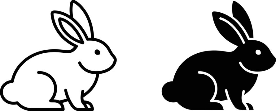 Cute rabbit outline and silhouette icons on white background for design simplicity