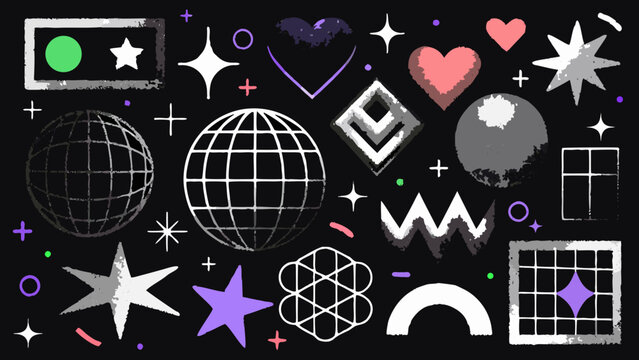 Assorted geometric shapes and stylized objects in a vibrant vector illustration with a dark background abstract design graphics digital art star