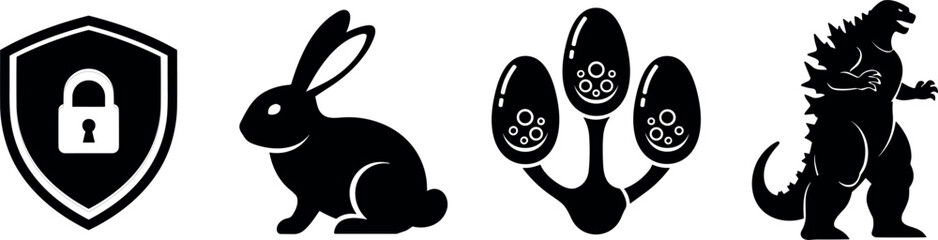 Obraz premium Mixed Silhouette Icon Set with Cyber Security Shield Padlock Rabbit Bunny Alien Plants and Giant Monster Dino Elements for Creative Web App Projects
