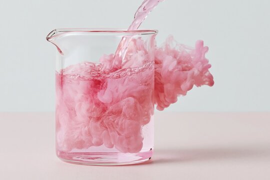 Clear glass laboratory beaker filled with pink liquid, showcasing swirling pink dye mixing with water, placed on a soft pink surface against a light background