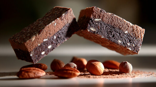 Two chocolate brownies with cocoa powder and almonds levitating baked goods dark chocolate