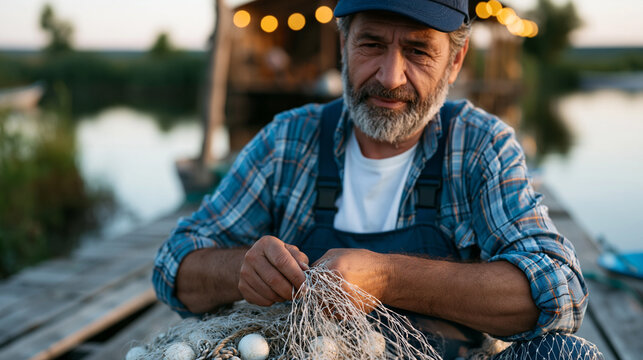 Elderly fisherman repairing net by hand on quiet wooden dock at summer dawn, rural coastal lifestyle, traditional craft, generational occupation, peaceful morning solitude, Fathers Day honoring labo