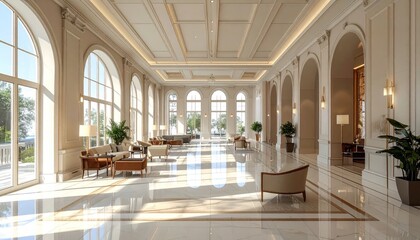 Fototapeta premium Bright grand hall with arched windows and marble floors.