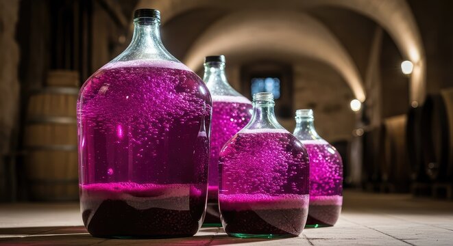 Clear glass demijohns filled with purple grape juice fermenting in a rustic cellar setting, showing natural bubbles and sediment layers, dark, fruit, purple