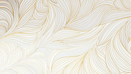 Golden feather pattern illustration on a white background featuring flowing lines and organic shapes gold feathers motif ornament line art vector © SayanKumar