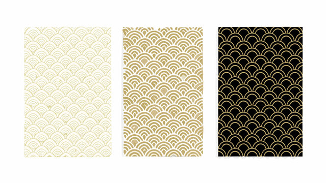 Art deco shell pattern swatches a repeating vector design in gold and black color schemes fan motif scallop geometric ornament illustration