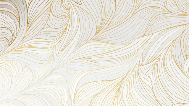 Golden feather pattern illustration on a white background featuring flowing lines and organic shapes gold feathers motif ornament line art vector