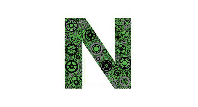 Letter n character with a green and black digital technology texture isolated on transparent background