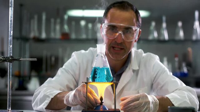 Scientist in Laboratory Conducting Chemical Experiment with Blue Liquid.