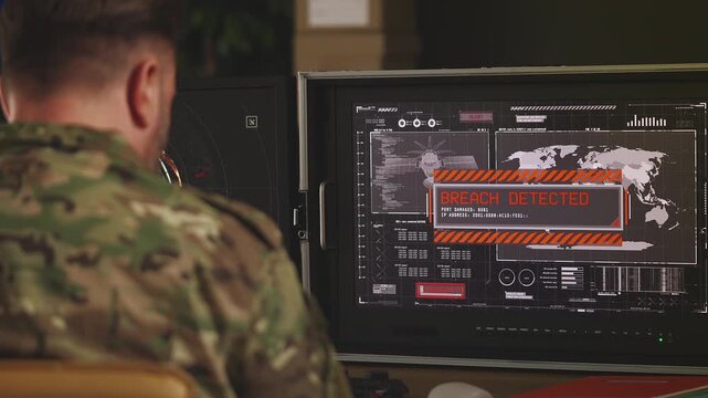 Army officer detecting cybersecurity breach during surveillance monitoring