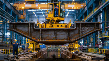 Fototapeta premium Shipyard crane operator high in a cab positions a prefabricated steel bow section over a vessel build berth far below, signal person on the ground with hand signals visible, fabrication shed interio
