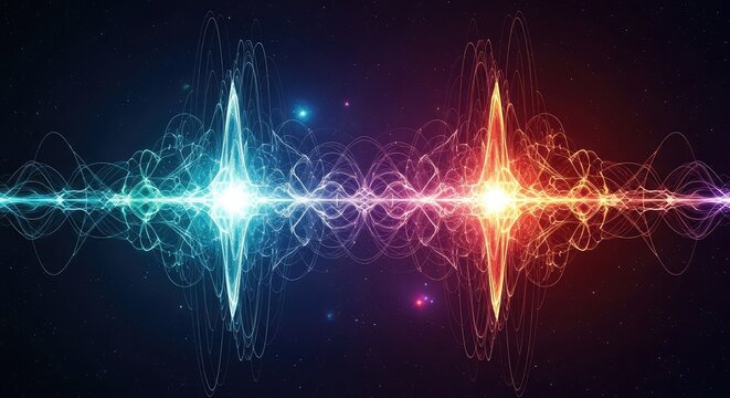 Two luminous energy points connect through radiant light waves and complex neural networks within a deep and vast cosmic background, frequency, contact, radiant