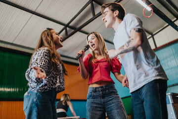 Three friends sing into a microphone while enjoying a casual indoor hangout. They perform together,...