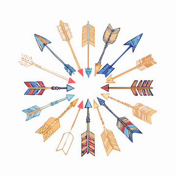 Circle of tribal and bohemian style arrows with a white background