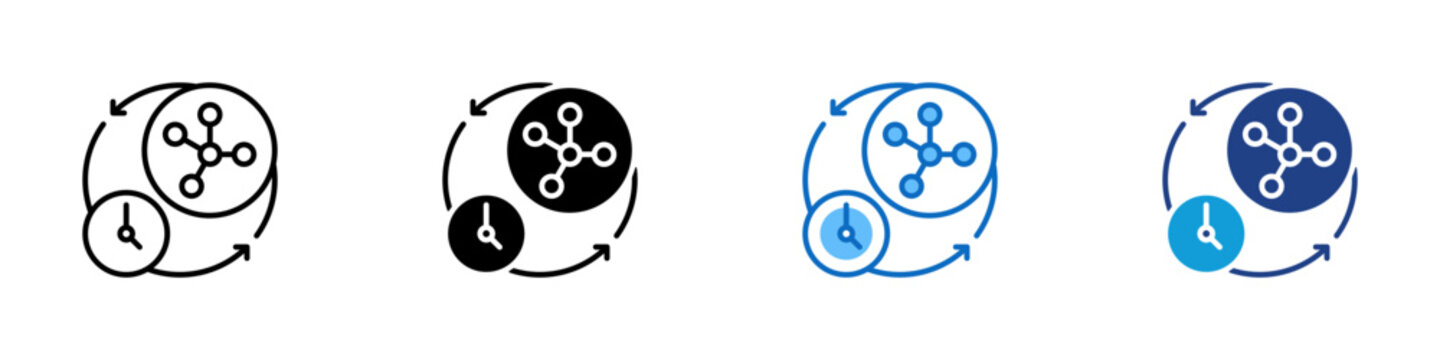 Molecular Monitoring Multiple Style Icon Design Vector - Molecule with clock and circular arrows representing biological monitoring, timed analysis, and biotech process tracking