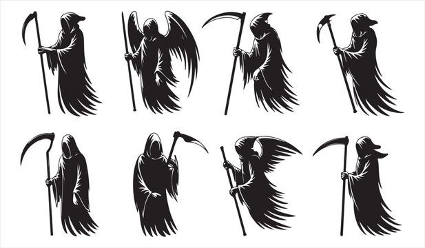 \Grim reaper silhouettes with scythes in dark fantasy monochrome illustration style