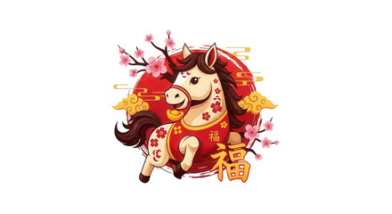 Naklejka premium Cute pixel art horse with cherry blossoms for chinese new year isolated on transparent background