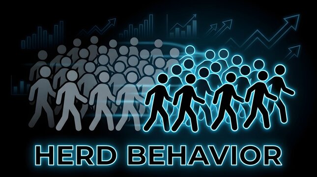 Glowing blue crowd of human figures following each other with HERD BEHAVIOR text and rising arrow on dark background showing herd mentality groupthink social conformity mass psychology and market 
