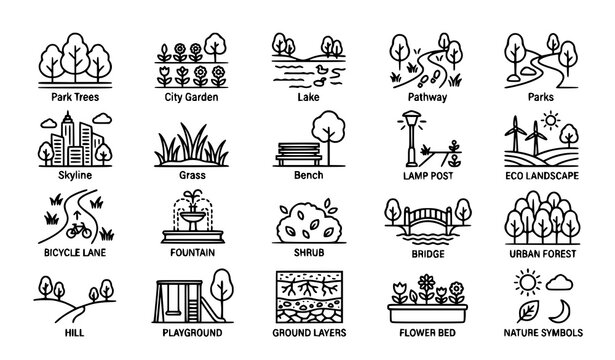 Modern City Park Linear Icon Set with Editable Minimal Landscape and Nature Vector Symbols