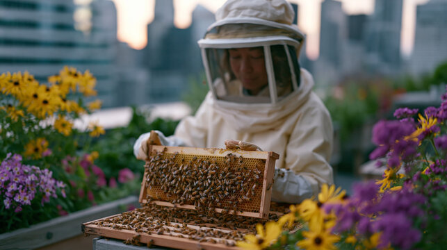 Urban rooftop beehive apiarist inspects honeycomb frames in full veil and gloves, city skyline visible beyond parapet wall, flowering planters attracting bees, midsummer haze over downtown district,