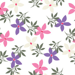 Vintage seamless floral pattern. Liberty style background of small mauve and lilac flowers. Small flowers scattered over a white background. Stock vector for printing on surfaces. Realistic flowers.  © YULIA
