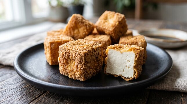 Macro Photograph of Golden Crispy Fried Tofu Cubes with Soft Interior