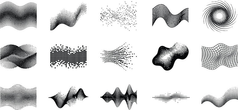 Collection of 2d halftone silhouette patterns and textures with gradient effects