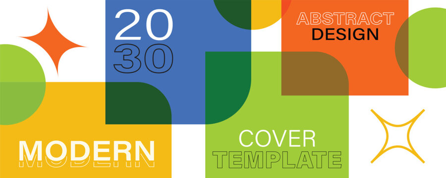 Abstract Geometric Vector Cover Template with Colorful Overlapping Shapes, Minimalist Rounded Squares, and Spark Elements for 2030 Business Annual Report, Brochure, and Corporate Presentation Banner