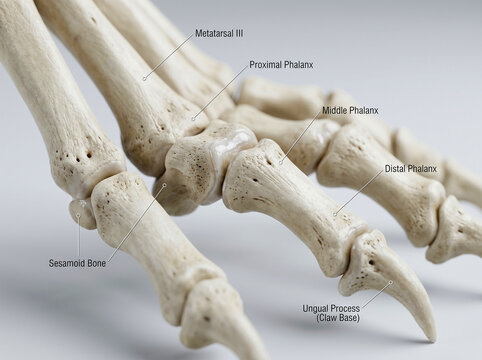 Veterinary anatomical diagram of cat foot skeleton showing phalanges and sesamoid bone.