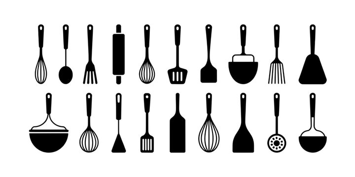 Kitchen utensils set with various cooking tools and gadgets featuring spatula, whisk, ladle with spoon and spatula elements for ladle, whisk