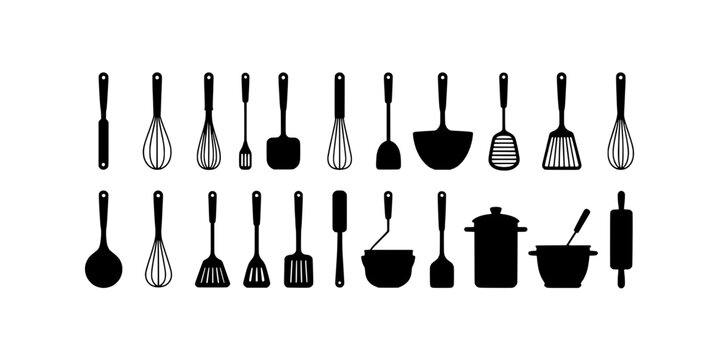 Kitchen utensils set with various cooking tools and gadgets featuring whisk, spatula, ladle with tongs and grater elements for potato masher, ladle