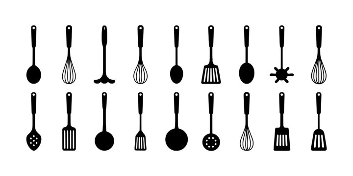 Kitchen utensils set with various cooking tools and gadgets featuring spatula, whisk, ladle with slotted spoon and grater elements for spatula, brush
