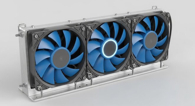 A high-performance triple fan cooling system mounted on a sturdy metal bracket, designed for optimal thermal regulation in electronics, triple, blades, mount