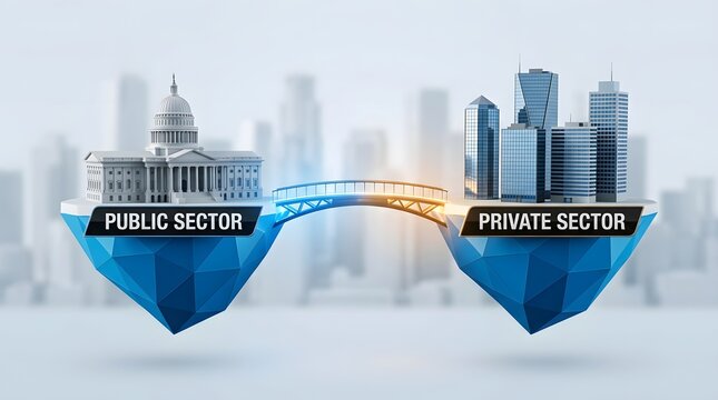Glowing bridge connecting public sector government building with private sector corporate skyscrapers representing partnership collaboration between business government, economic cooperation, policy