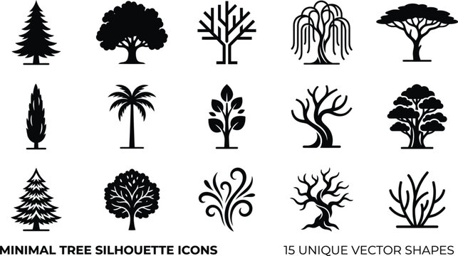 Minimal tree silhouette icons set of 15 unique vector shapes