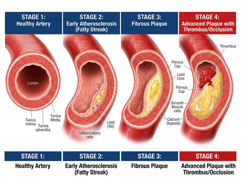 Anatomical chart comparing healthy lumen fatty streak fibrous plaque and thrombus.