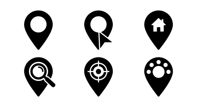 Location Pin Icons Set, Navigation Map Markers, GPS Pointers, Search & Home Symbols