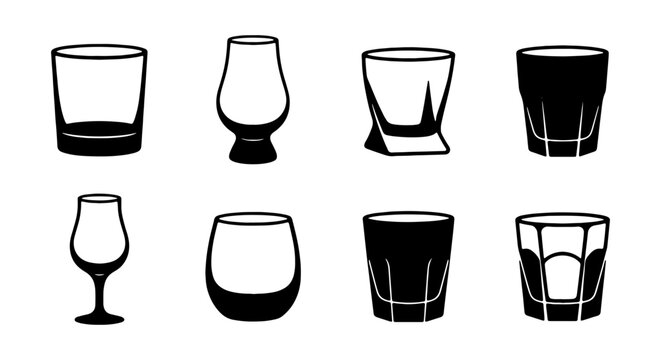 Set of 8 Whiskey Glasses, Various Styles, Vector Icons for Bar and Drink Collections