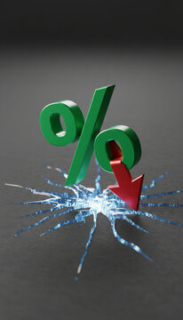 Green percentage symbol and red arrow pointing down, breaking through cracked surface with light. Symbolizes financial downturn or price drop.