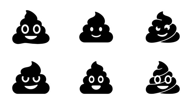 Cute Poop Emoji Icons, Black Vector Set, Funny Smiley Face Symbols, Toilet Humor Graphics
