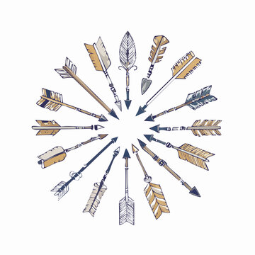 Vector illustration of hand drawn boho tribal arrows in a circle.