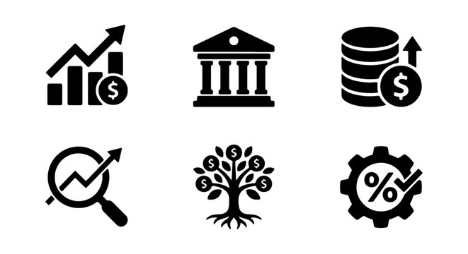 Finance Icons Set: Growth Chart, Bank, Money Stack, Magnifier, Money Tree, Gear Percentage
