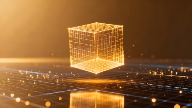 Golden wireframe cube on reflective surface