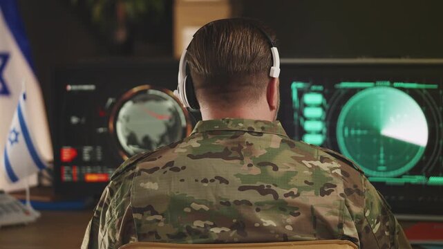 Israeli soldier in headset supervising surveillance systems and threat detection