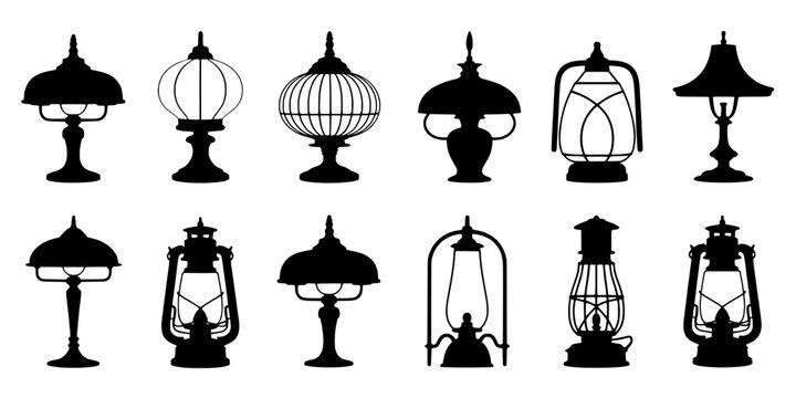 Lamp icon set with vintage kerosene oil lantern silhouettes and minimal vector style for home decor design