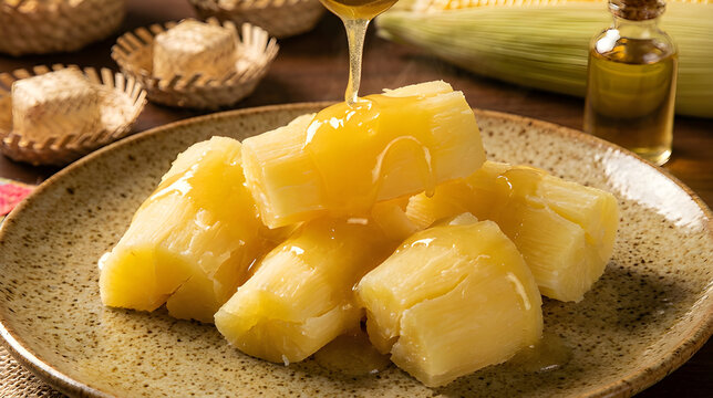 Golden Honey Pouring Over Boiled Cassava Macaxeira on Ceramic Plate